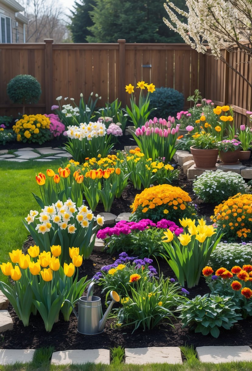 16 Backyard Flower Garden Ideas for Stunning Seasonal Blooms 9 A colorful backyard flower garden with various seasonal flowers blooming in organized sections, surrounded by green plants and a wooden fence.