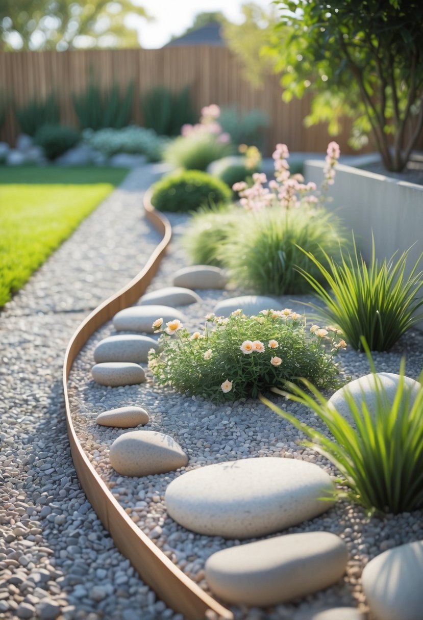 16 Backyard Flower Garden Ideas for Stunning Seasonal Blooms 10 A backyard garden with a minimalist flower bed containing small shrubs, ornamental grasses, and blooming flowers surrounded by gravel and stones.