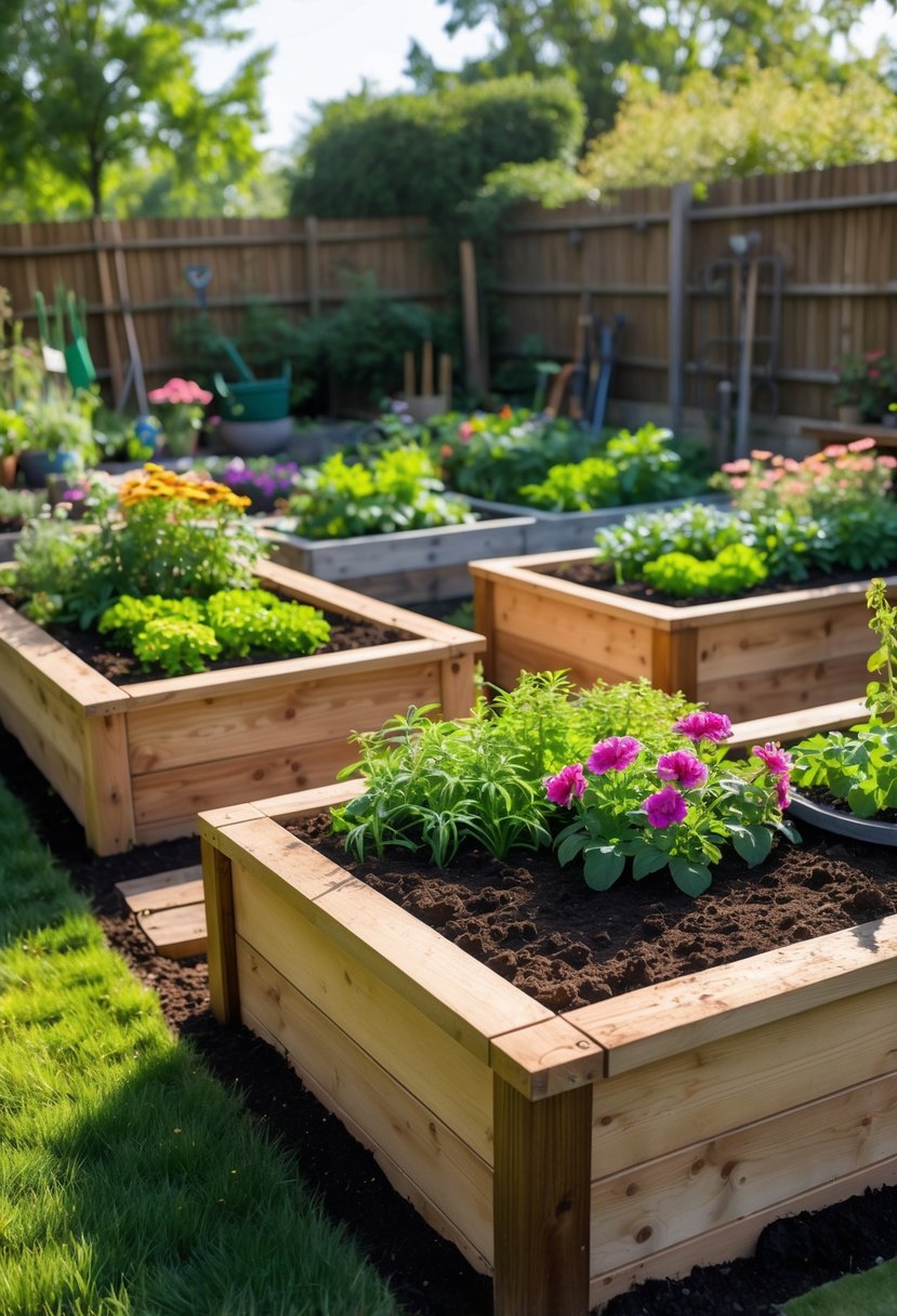 16 Backyard Flower Garden Ideas for Stunning Seasonal Blooms 11 Backyard with several wooden raised garden beds filled with flowering plants and green foliage, surrounded by grass and a wooden fence.
