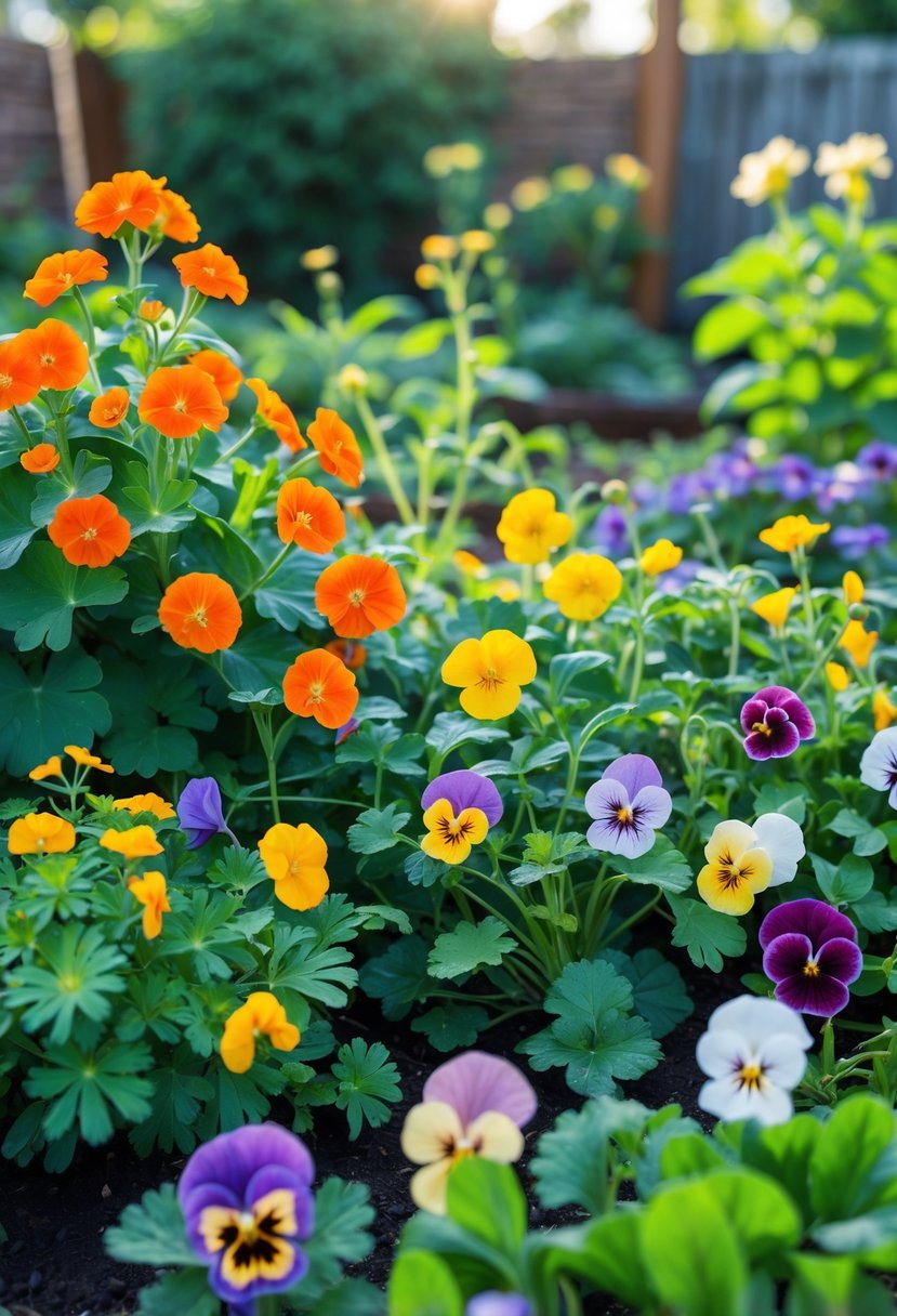 16 Backyard Flower Garden Ideas for Stunning Seasonal Blooms 13 A backyard edible flower garden with bright nasturtiums and colorful pansies growing among green leaves.