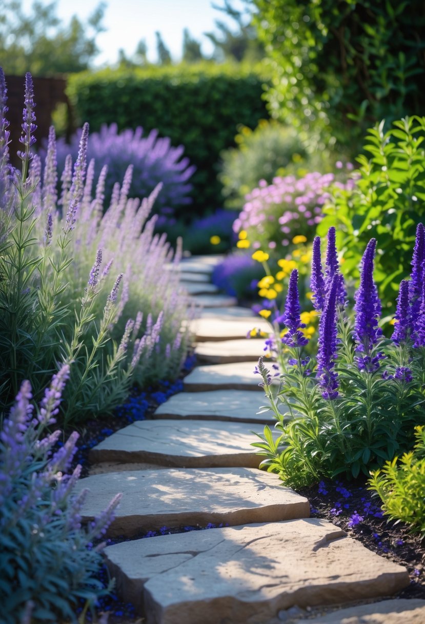 16 Backyard Flower Garden Ideas for Stunning Seasonal Blooms 14 A backyard garden pathway lined with blooming lavender and salvia plants under natural sunlight.