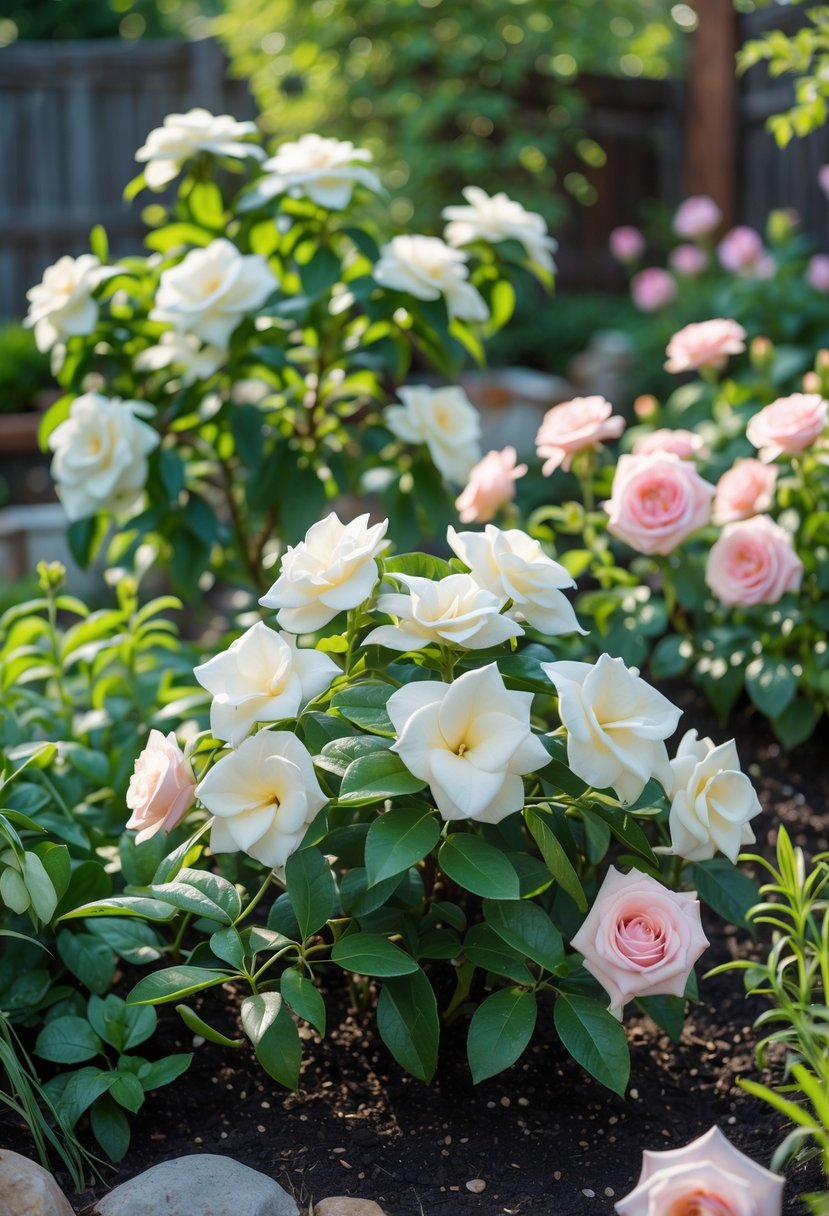16 Backyard Flower Garden Ideas for Stunning Seasonal Blooms 15 A backyard flower garden with blooming white gardenias and pink roses surrounded by green leaves.