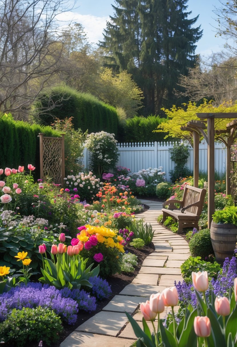 16 Backyard Flower Garden Ideas for Stunning Seasonal Blooms 19 A colorful backyard flower garden with various blooming flowers, a stone pathway, and a wooden bench surrounded by greenery.