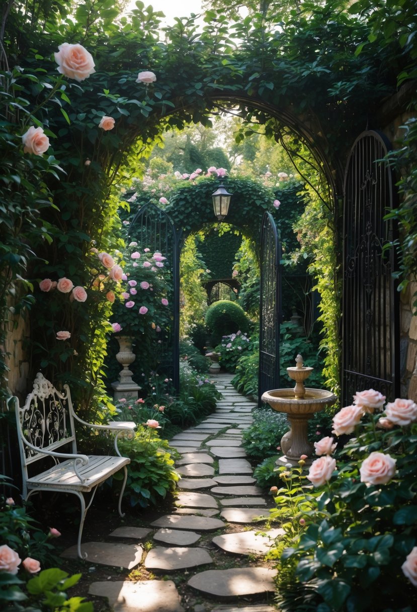A secluded garden with a stone path, flowering plants, green trees, and garden furniture surrounded by lush foliage.