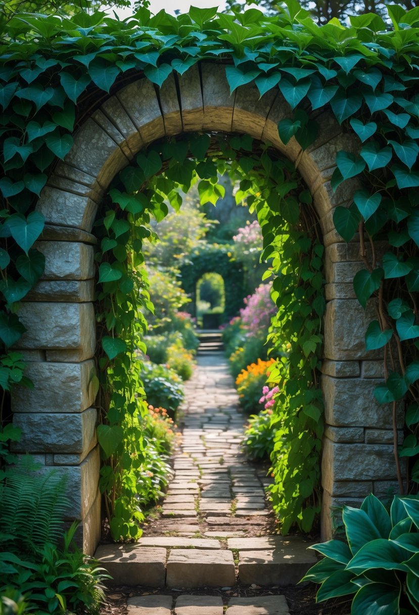 A stone archway covered in green ivy leading into a secret garden with plants and flowers.