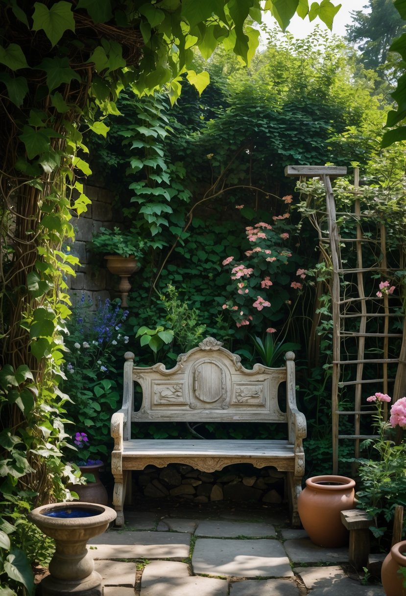 A vintage wooden bench in a secluded garden nook surrounded by lush green plants and flowers.