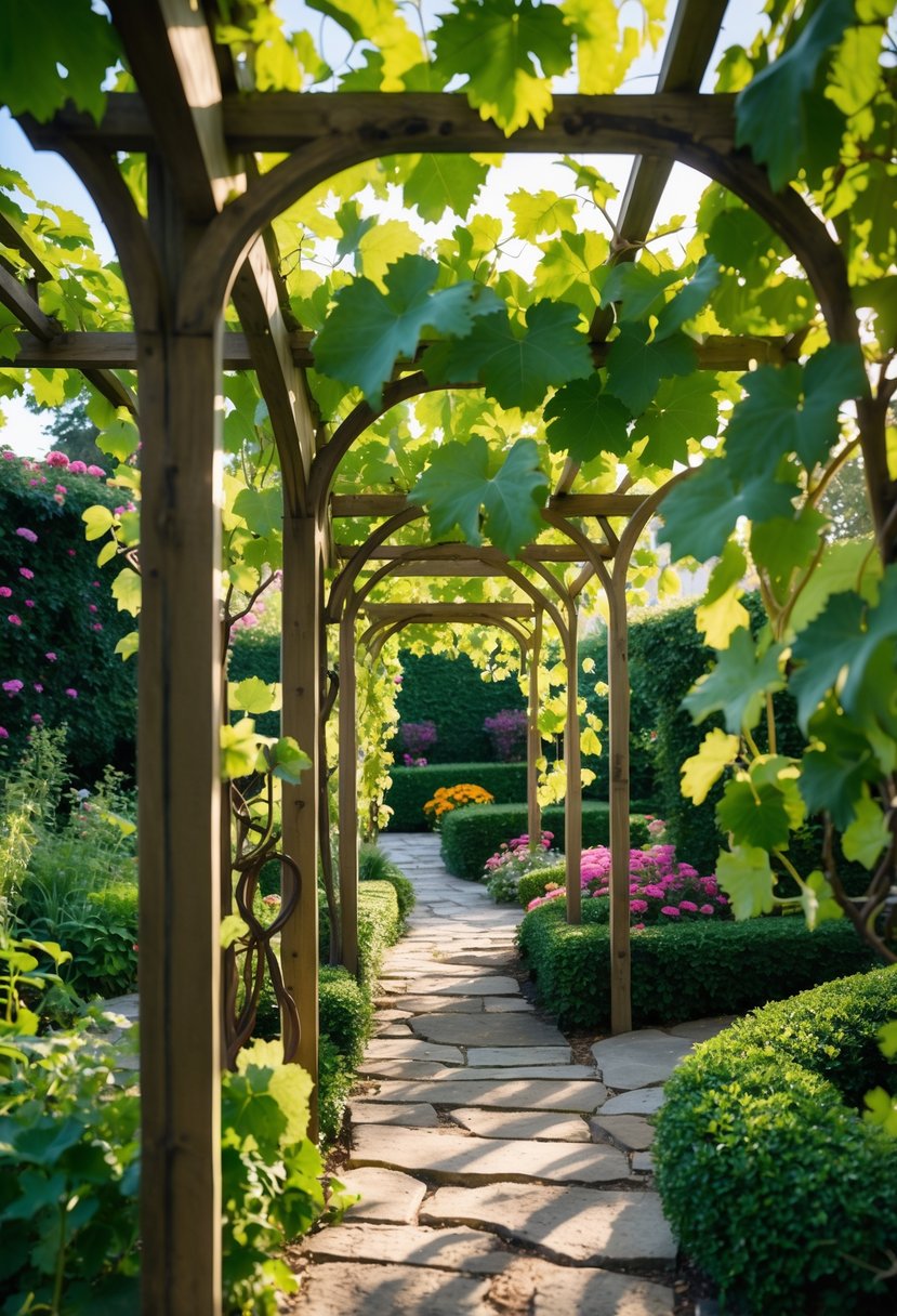 A secret garden with trellised grape vines growing along wooden supports, surrounded by flowering plants and a stone pathway.