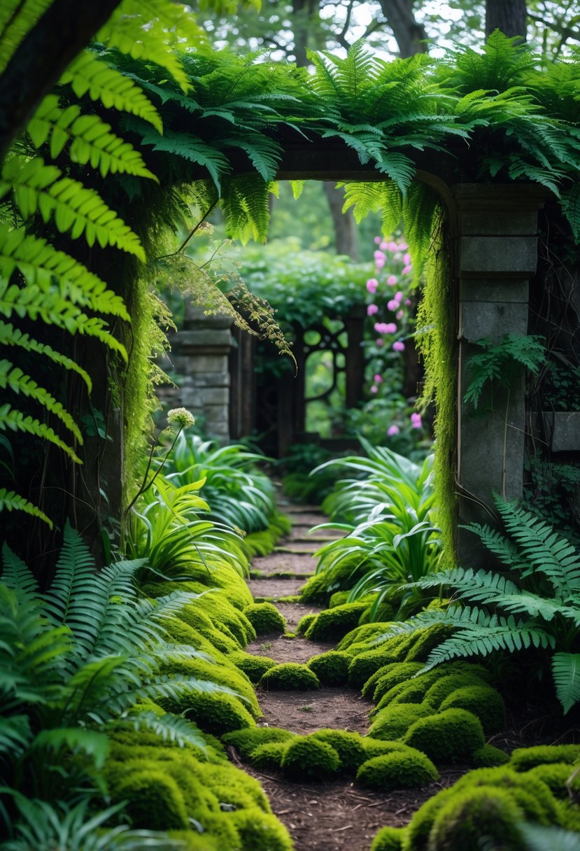A peaceful garden path bordered by dense green ferns and moss with sunlight filtering through trees.