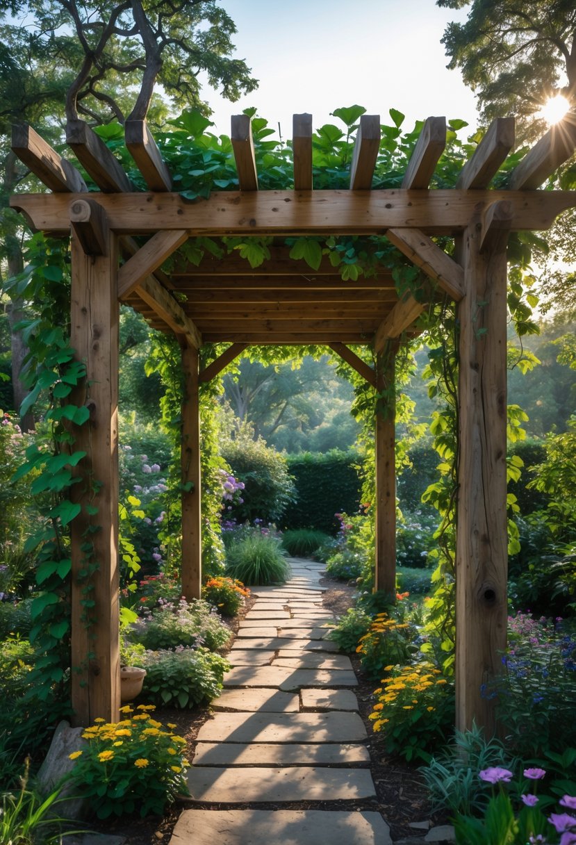 A rustic wooden pergola surrounded by green vines and colorful flowers in a secluded garden with a stone pathway.