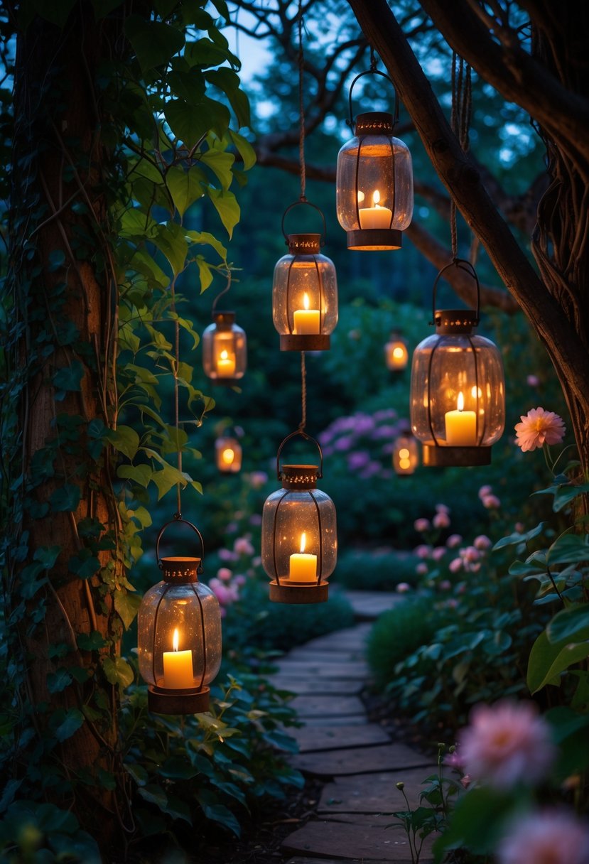 A secret garden at dusk with candlelit lanterns hanging from tree branches surrounded by lush greenery and flowers.