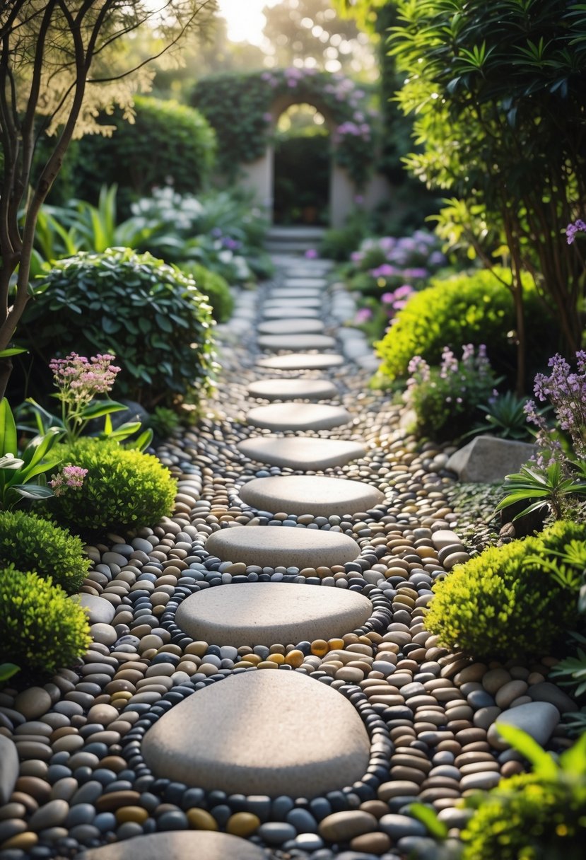 A pathway of pebble mosaic stepping stones winding through a lush garden with green plants and flowers.