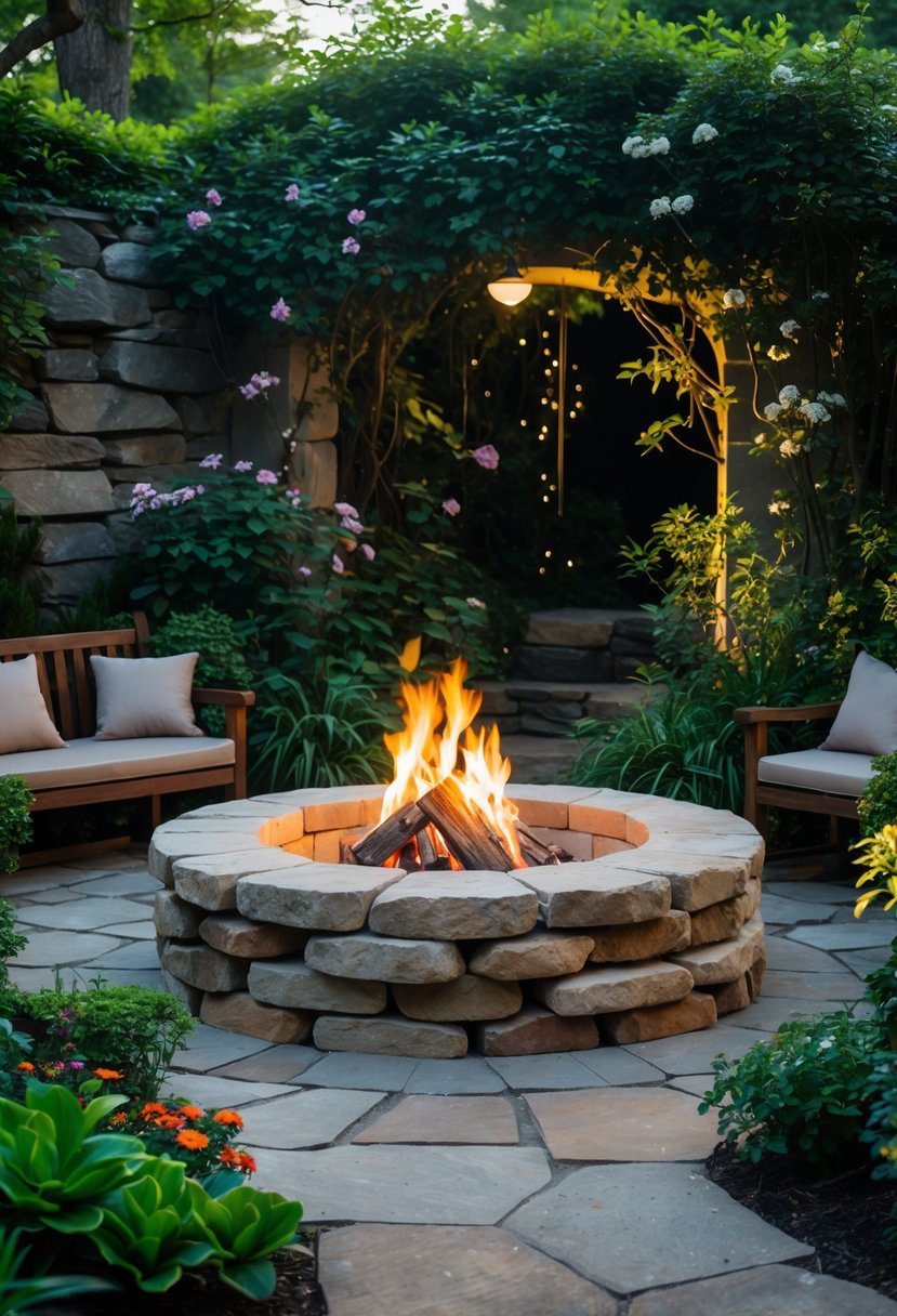 A natural stone fire pit surrounded by green plants and flowers in a secluded garden setting.