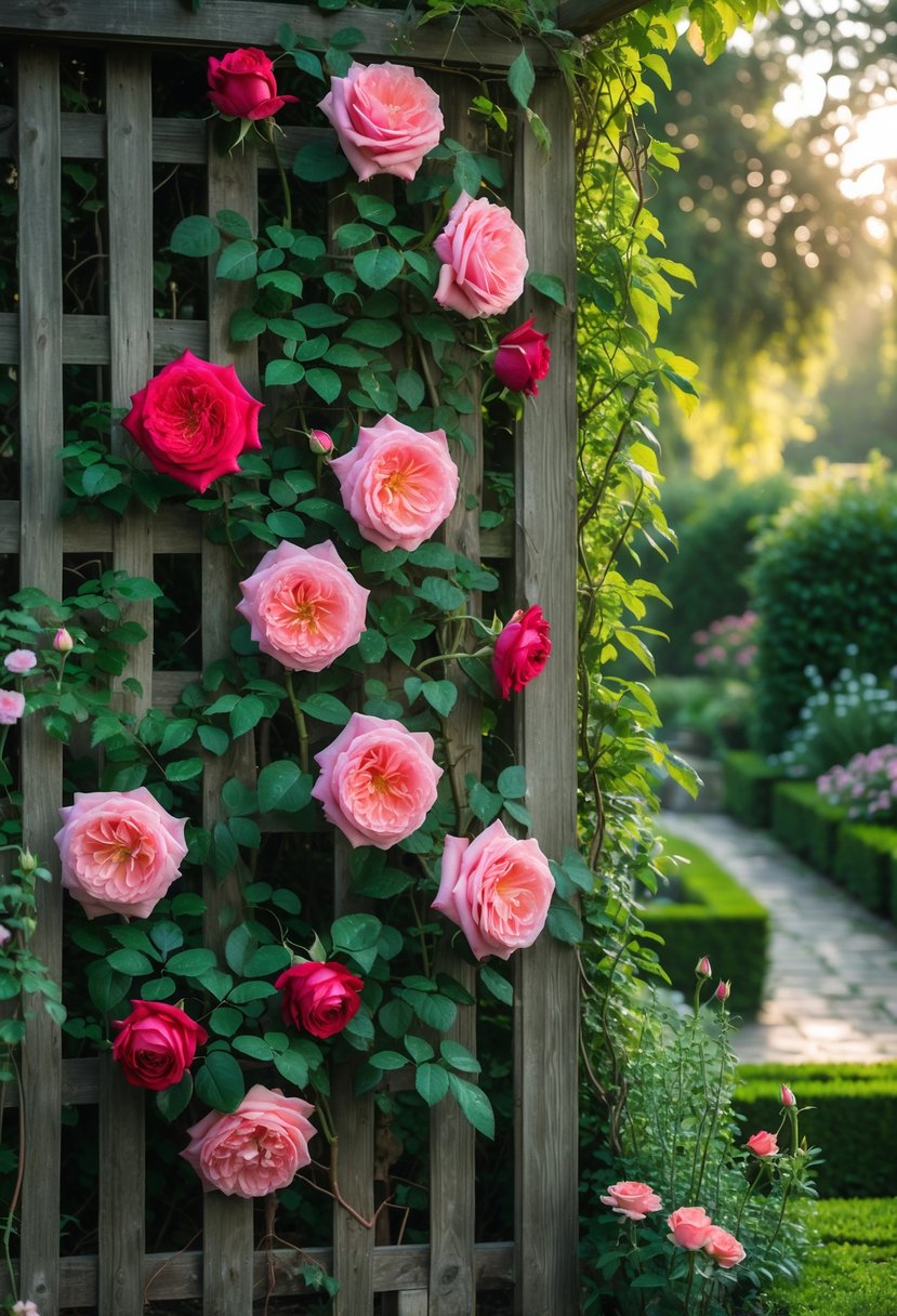 Climbing roses with pink and red blooms growing on a wooden lattice in a lush garden setting.