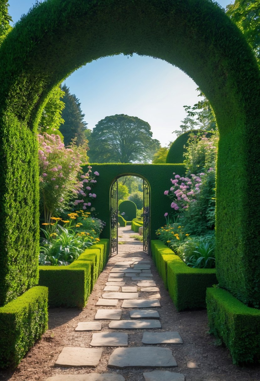 Entrance to a hedge maze with trimmed green hedges and an open iron gate leading to a garden with flowers and stone paths.
