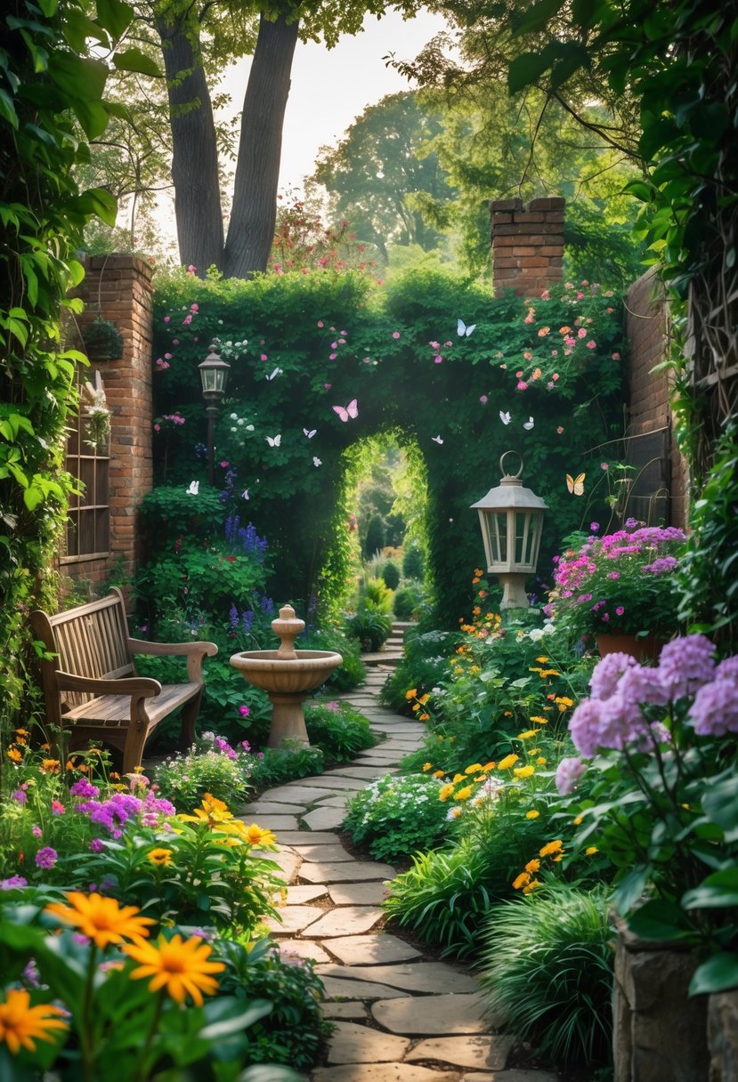 A peaceful secret garden with colorful flowers, green plants, stone paths, a wooden bench, and a small water fountain surrounded by trees and brick walls.