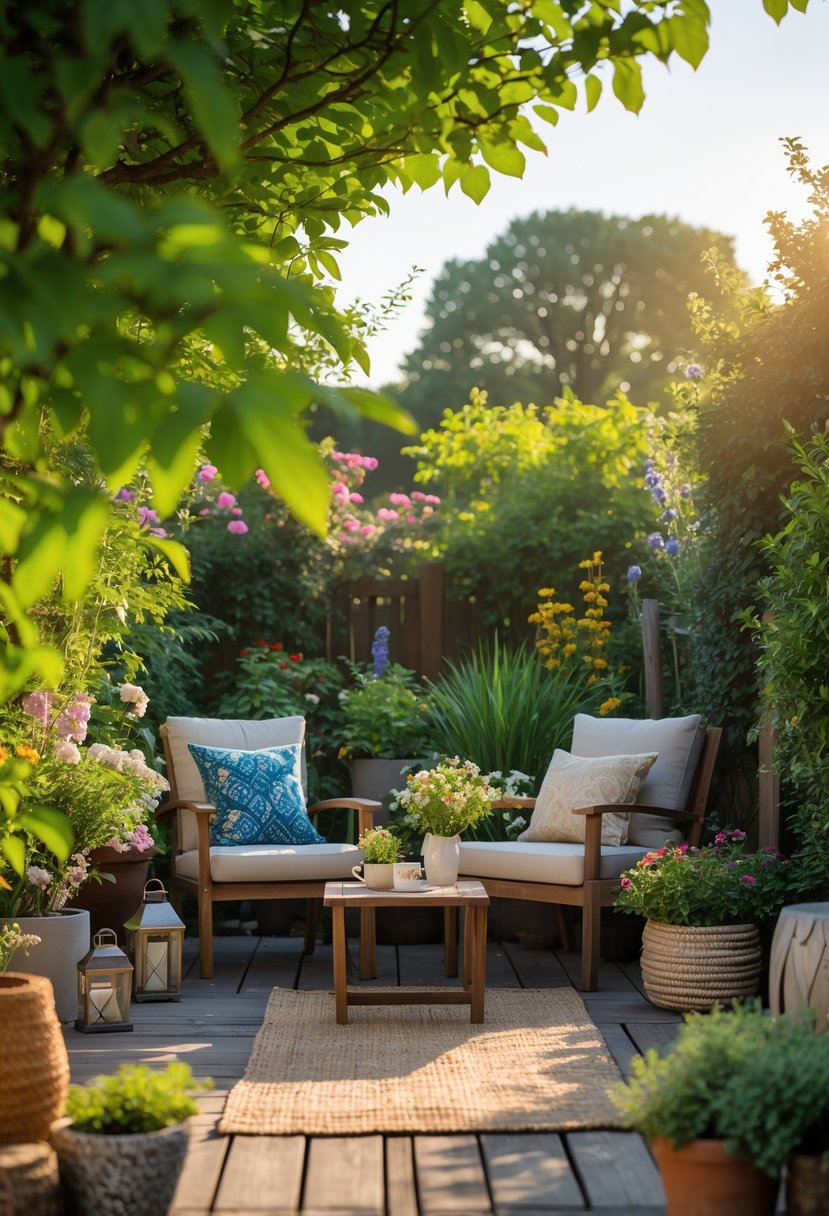 A garden seating area with cushioned chairs, a small table, and surrounding plants and flowers.