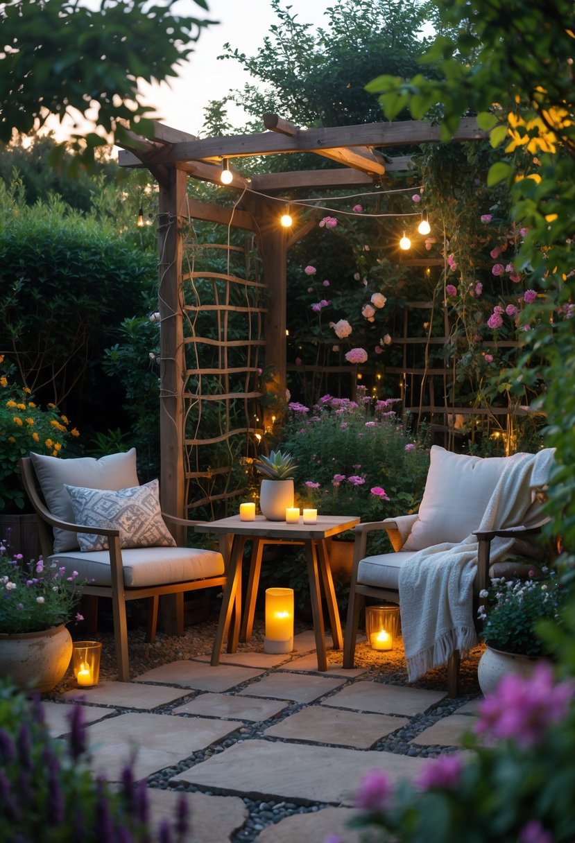 A garden seating area with cushioned chairs around a wooden table surrounded by plants and soft lighting.
