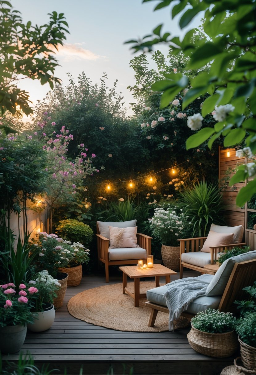 A cozy garden seating area with cushioned chairs, a coffee table, surrounded by green plants and flowers under soft outdoor lighting.