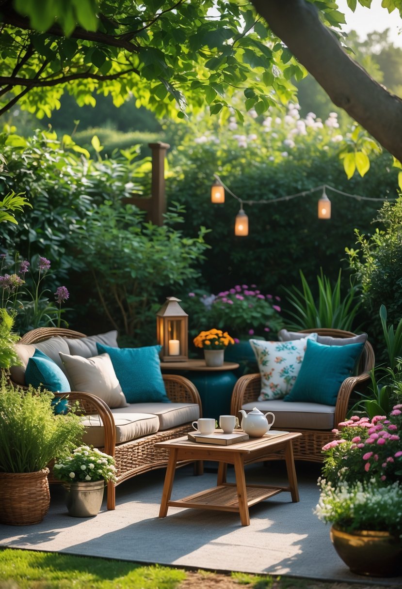 A cozy outdoor garden seating area with cushioned chairs, a small table, and surrounding plants under soft sunlight.