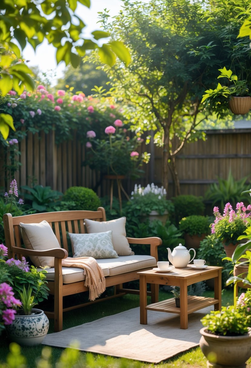 A cozy garden seating area with a wooden bench, cushions, a small table with a teapot and cups, surrounded by plants and greenery.