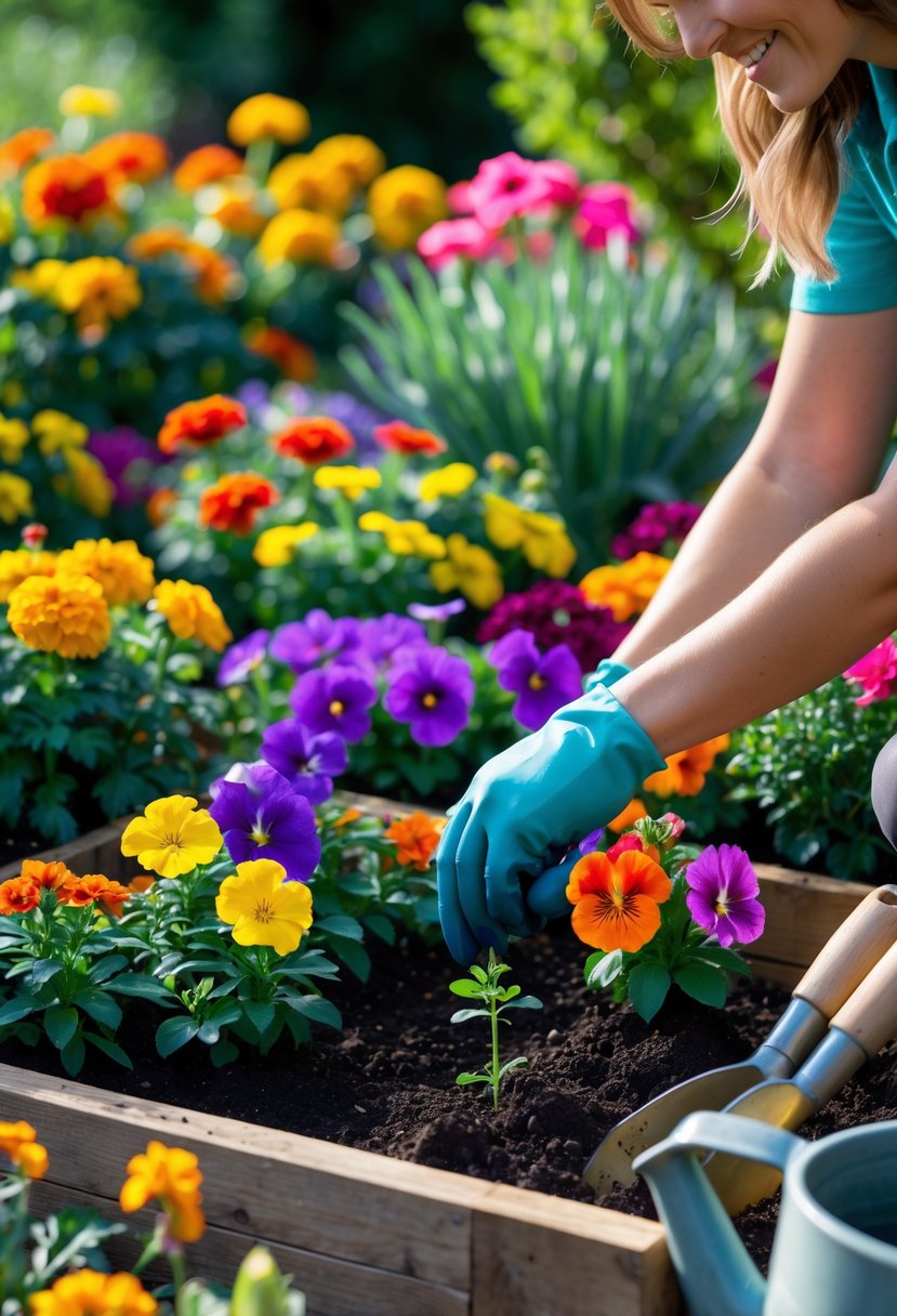 Hands planting colorful flowers in a garden bed filled with blooming flowers and gardening tools nearby.