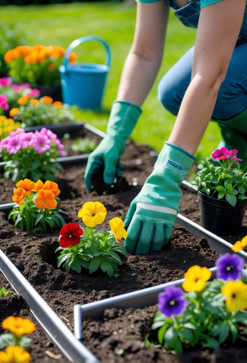 A gardener planting colorful flowers in a garden bed with gardening tools nearby on a sunny day.