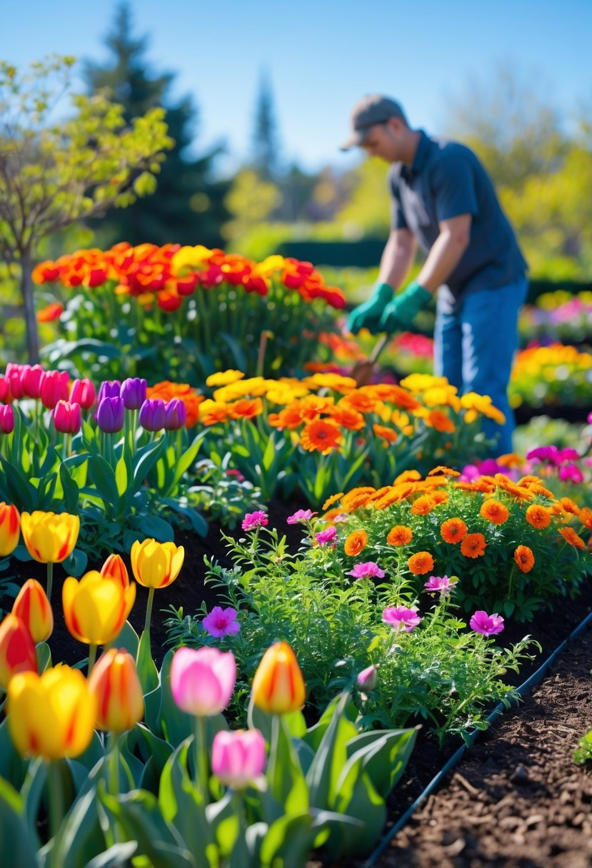 A colorful garden with various blooming flowers and a gardener planting flowers under a clear blue sky.