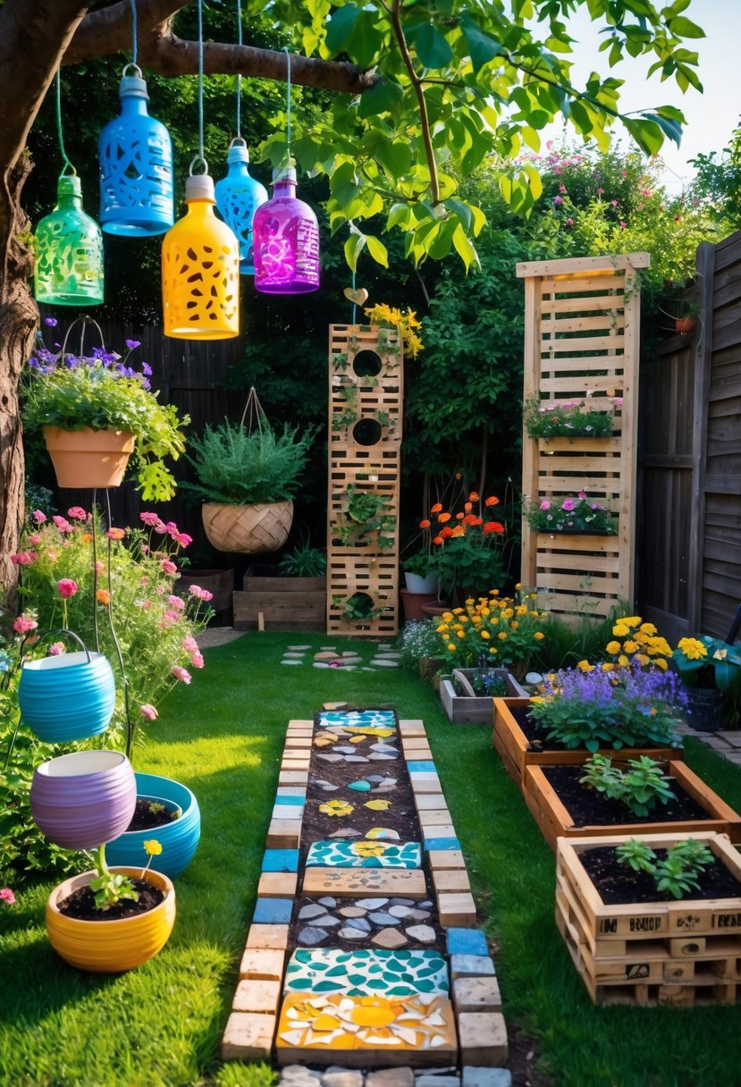 A backyard garden displaying various creative DIY garden decorations made from recycled materials, including painted bottles, wooden planters, tin lanterns, mosaic stones, and repurposed objects arranged throughout the space.