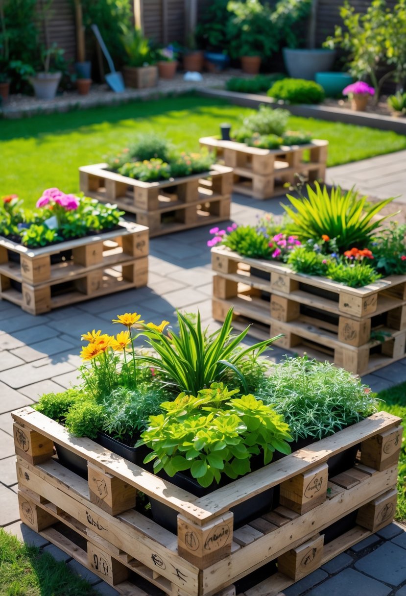Several wooden planter boxes made from recycled pallet wood filled with green plants and flowers arranged in a garden.
