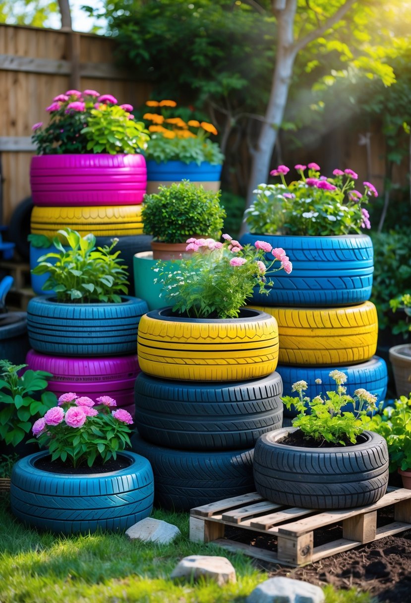 Colorful flower pots made from upcycled tires arranged in a garden with blooming flowers and plants.