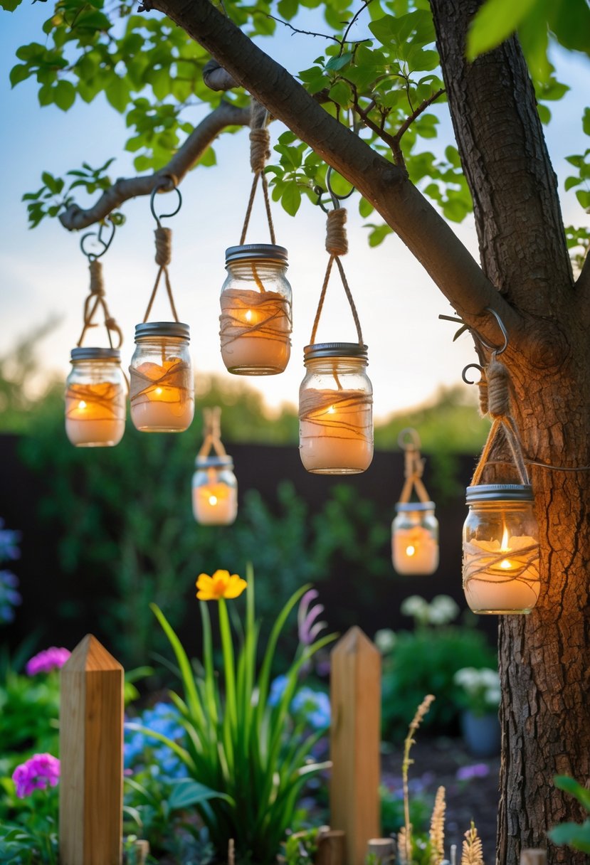 Mason jar lanterns hanging from tree branches in a garden with green plants and flowers, glowing softly with candlelight.
