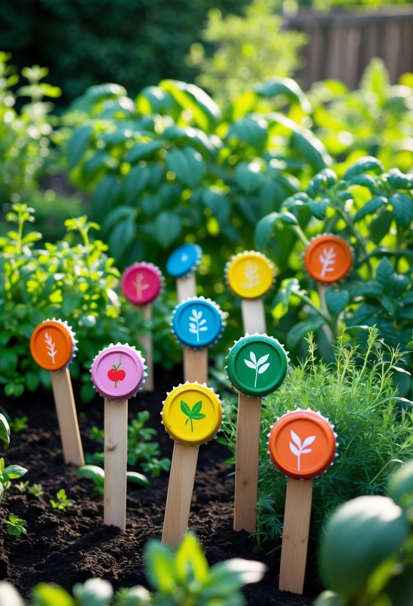 Colorful bottle cap garden markers placed in a vegetable and herb garden bed surrounded by green plants.