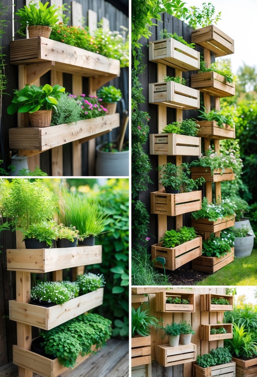Vertical garden made from stacked wooden crates filled with green plants and flowers in an outdoor garden.