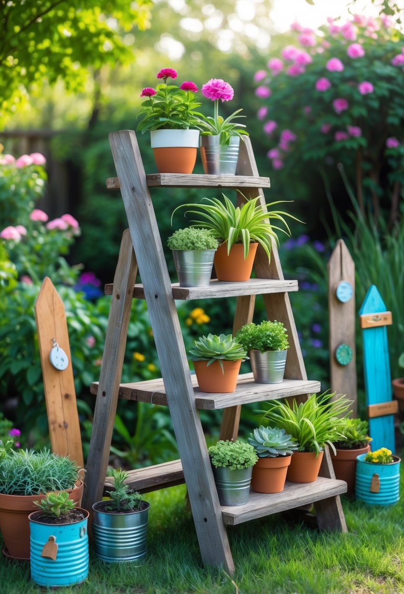 A wooden ladder repurposed as a plant stand holding various potted plants in a garden surrounded by other recycled DIY garden decorations.