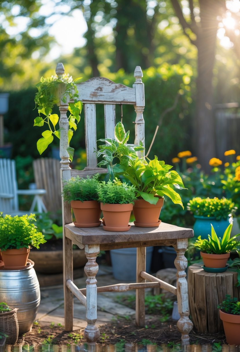 A vintage wooden chair used as a plant holder with green potted plants in a garden surrounded by recycled garden decor items.