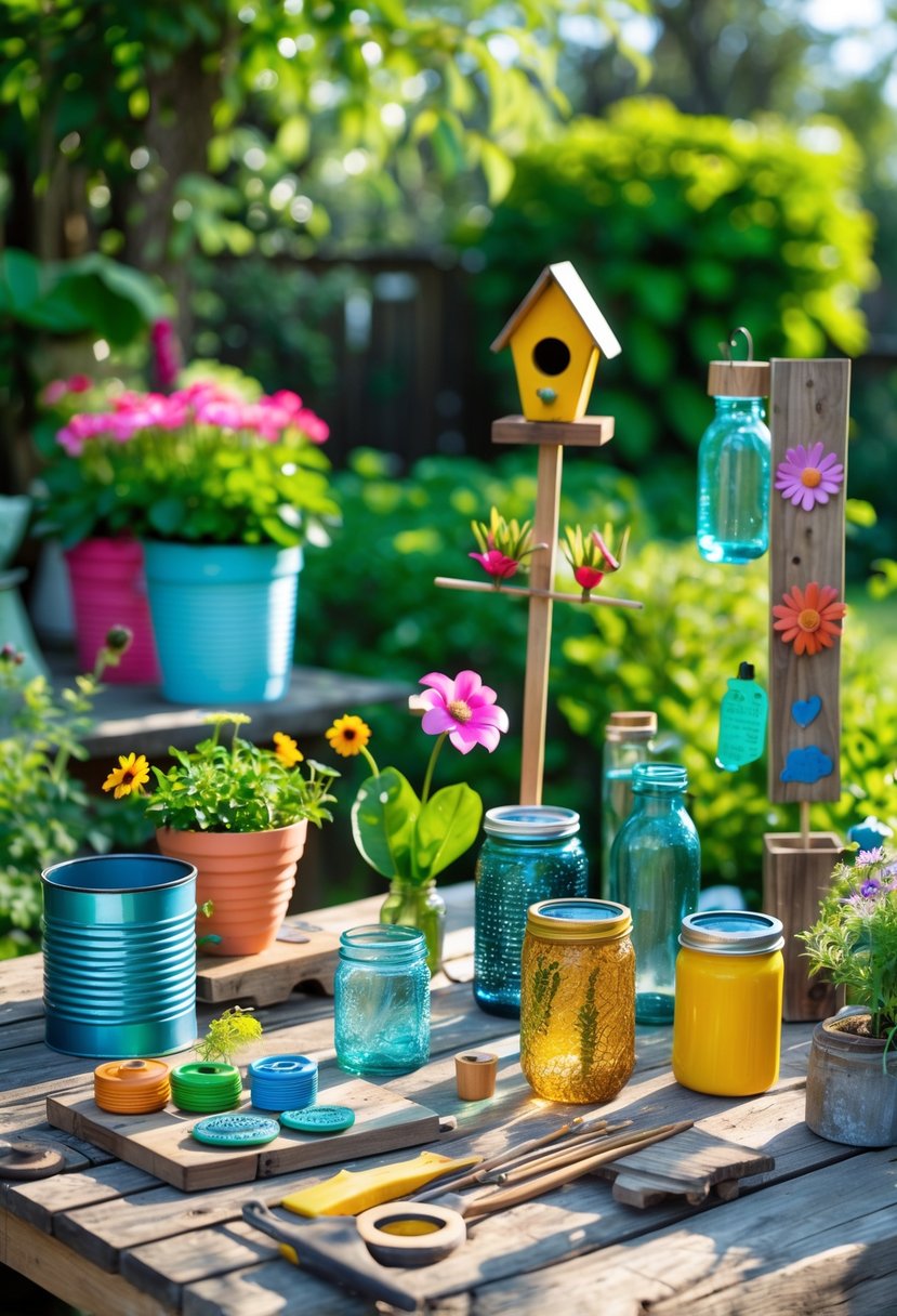 A garden workspace with handmade garden decorations made from recycled materials, surrounded by plants and craft supplies.