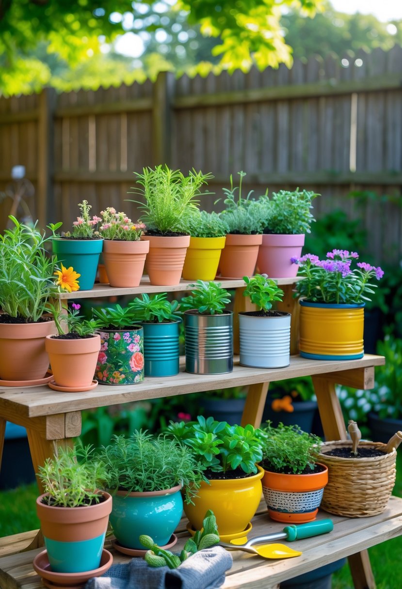 A small garden with various DIY planters and pots filled with green plants and flowers arranged on a wooden table and shelves.