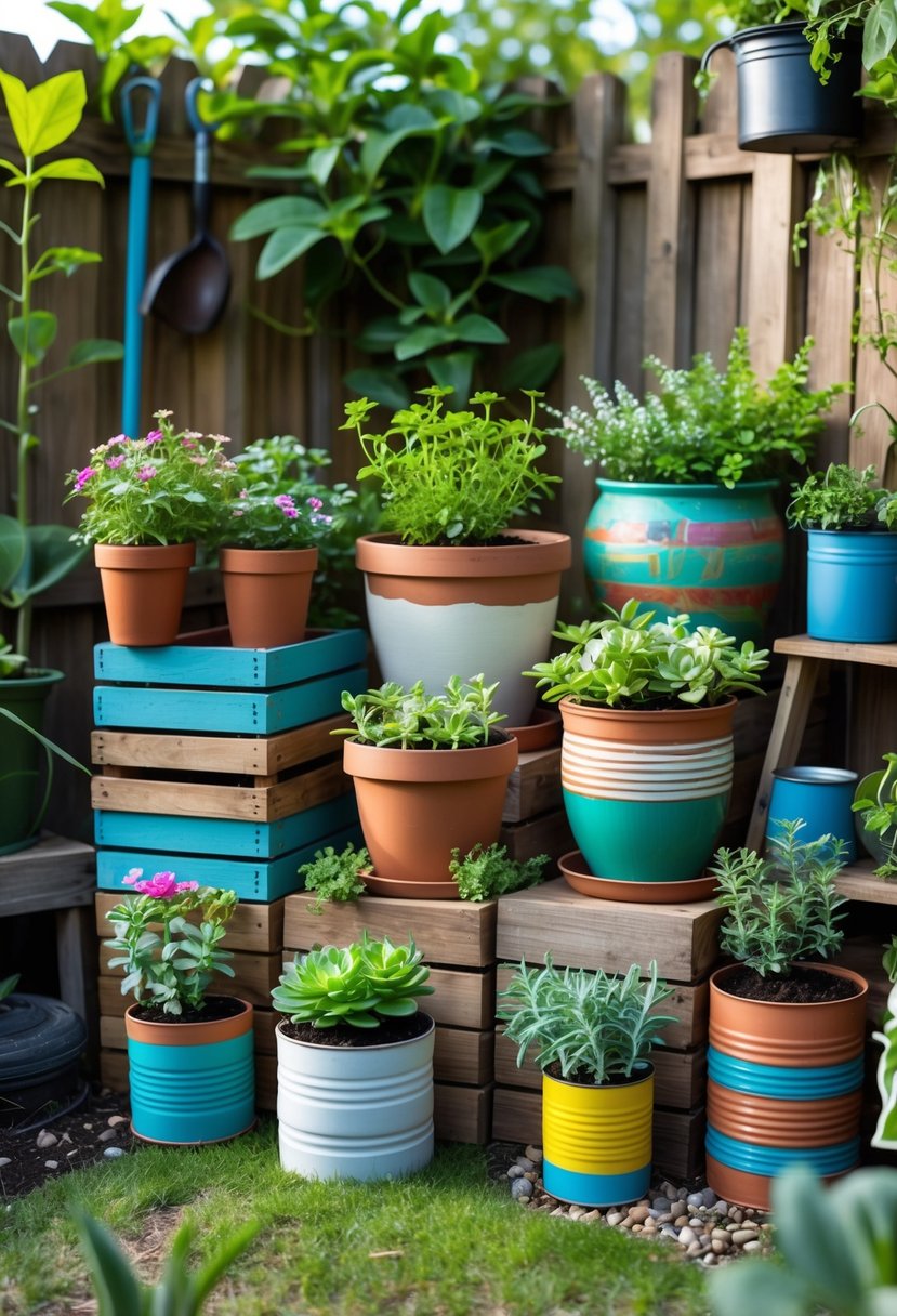 A small garden with various handmade planters filled with green plants and flowers arranged on shelves and hanging from a wooden fence.
