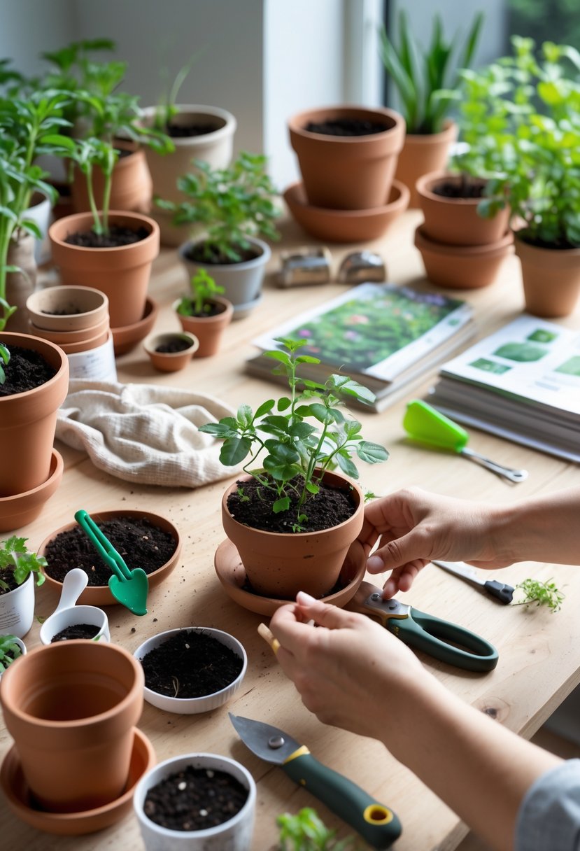 Hands crafting small DIY pots on a wooden table surrounded by gardening tools, soil, seeds, and small plants in a bright workspace.
