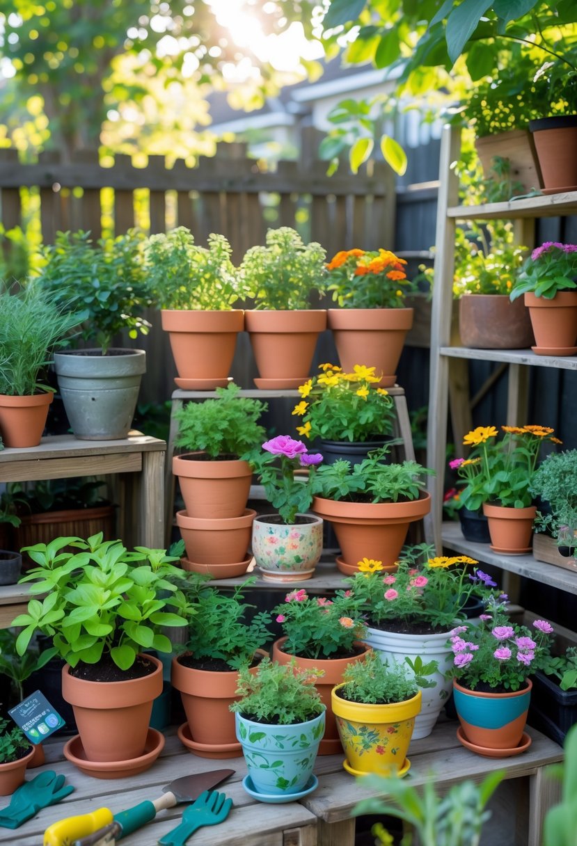 A small garden with various DIY planters and pots filled with green plants and flowers arranged on a wooden table and shelves outdoors.