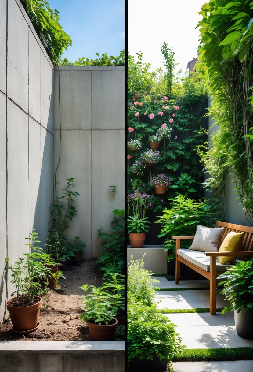 Tiny Garden to Green Oasis: Before & After Ideas for Transformation 2 Side-by-side view of a small, sparse garden transforming into a lush, green outdoor oasis with abundant plants, flowers, and seating.