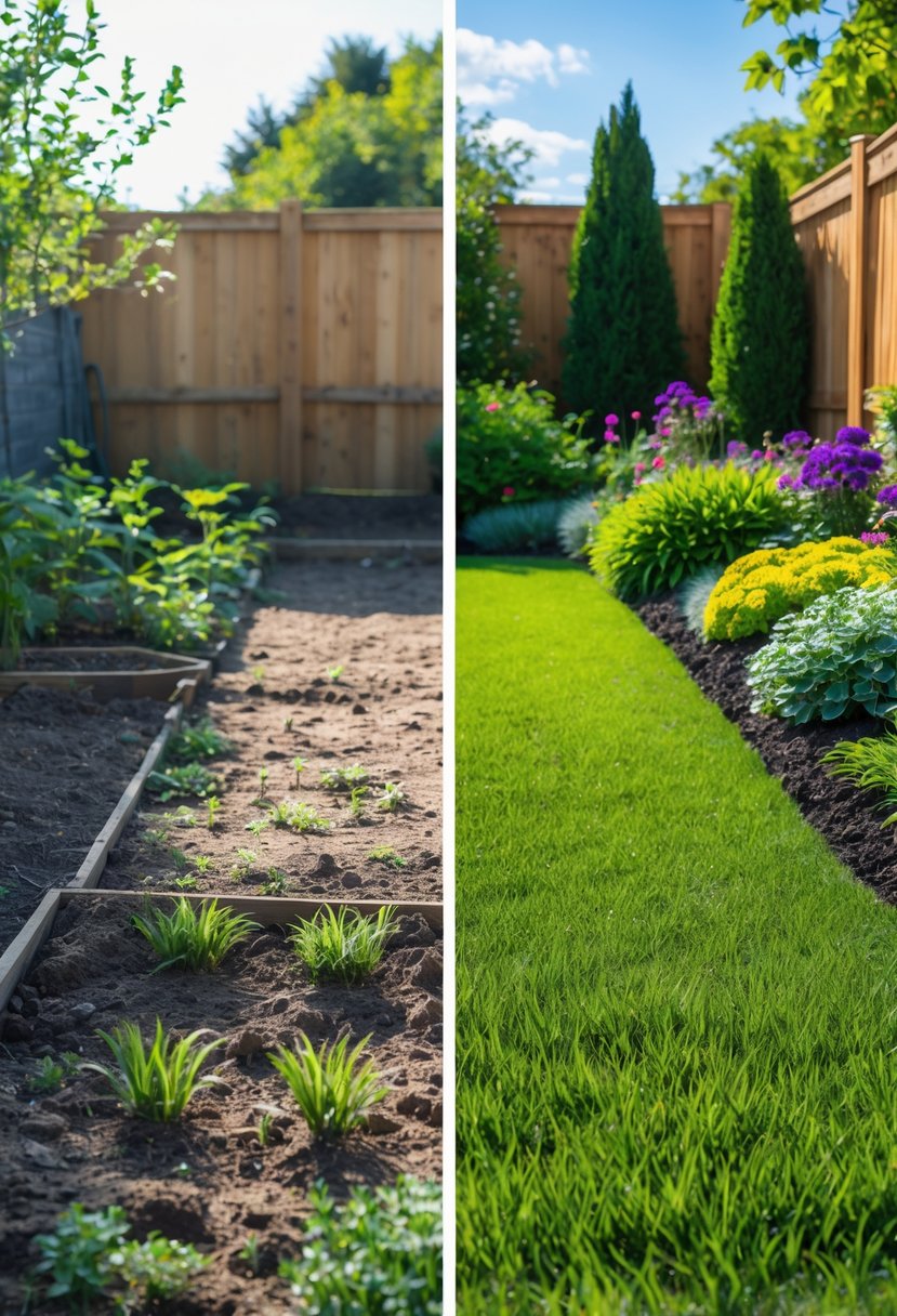 Tiny Garden to Green Oasis: Before & After Ideas for Transformation 3 Side-by-side view of a small, sparse garden next to the same garden transformed into a lush, green, and vibrant outdoor space with plants and flowers.
