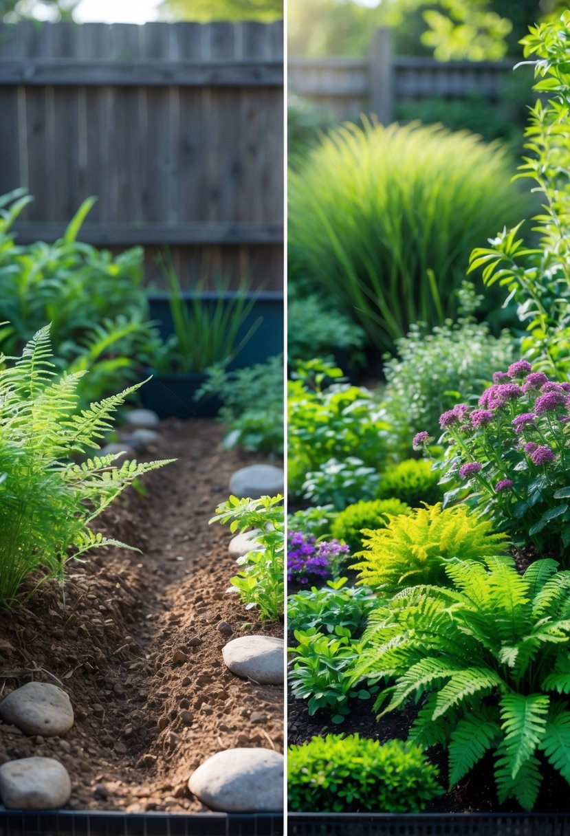Tiny Garden to Green Oasis: Before & After Ideas for Transformation 4 Side-by-side view of a small garden before and after planting, showing a dry patch transformed into a lush green area with various healthy plants.