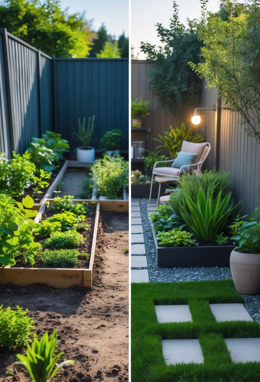 Tiny Garden to Green Oasis: Before & After Ideas for Transformation 5 A small garden before and after transformation, showing a cramped bare space on one side and a green, well-designed garden with plants, seating, and a pathway on the other.