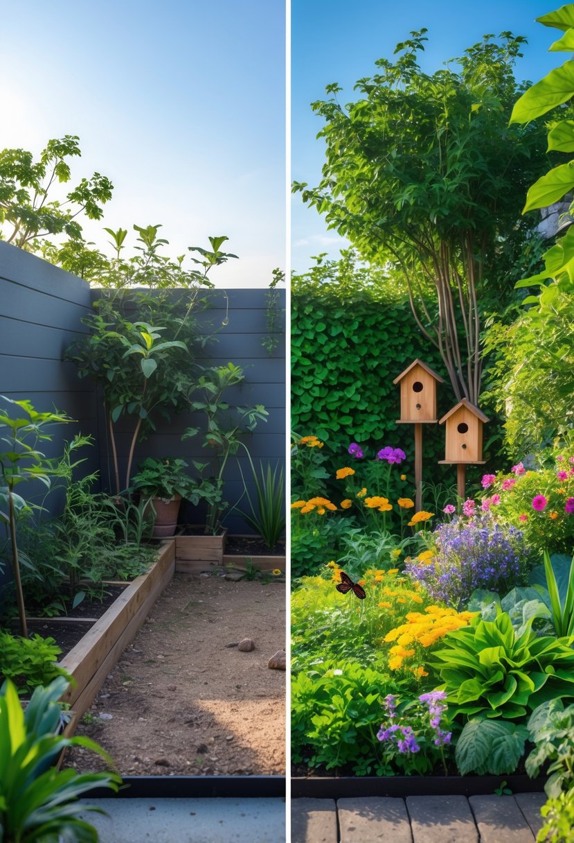 Tiny Garden to Green Oasis: Before & After Ideas for Transformation 6 A split image showing a small, bare garden on the left and a lush, green garden filled with plants, flowers, and wildlife on the right.