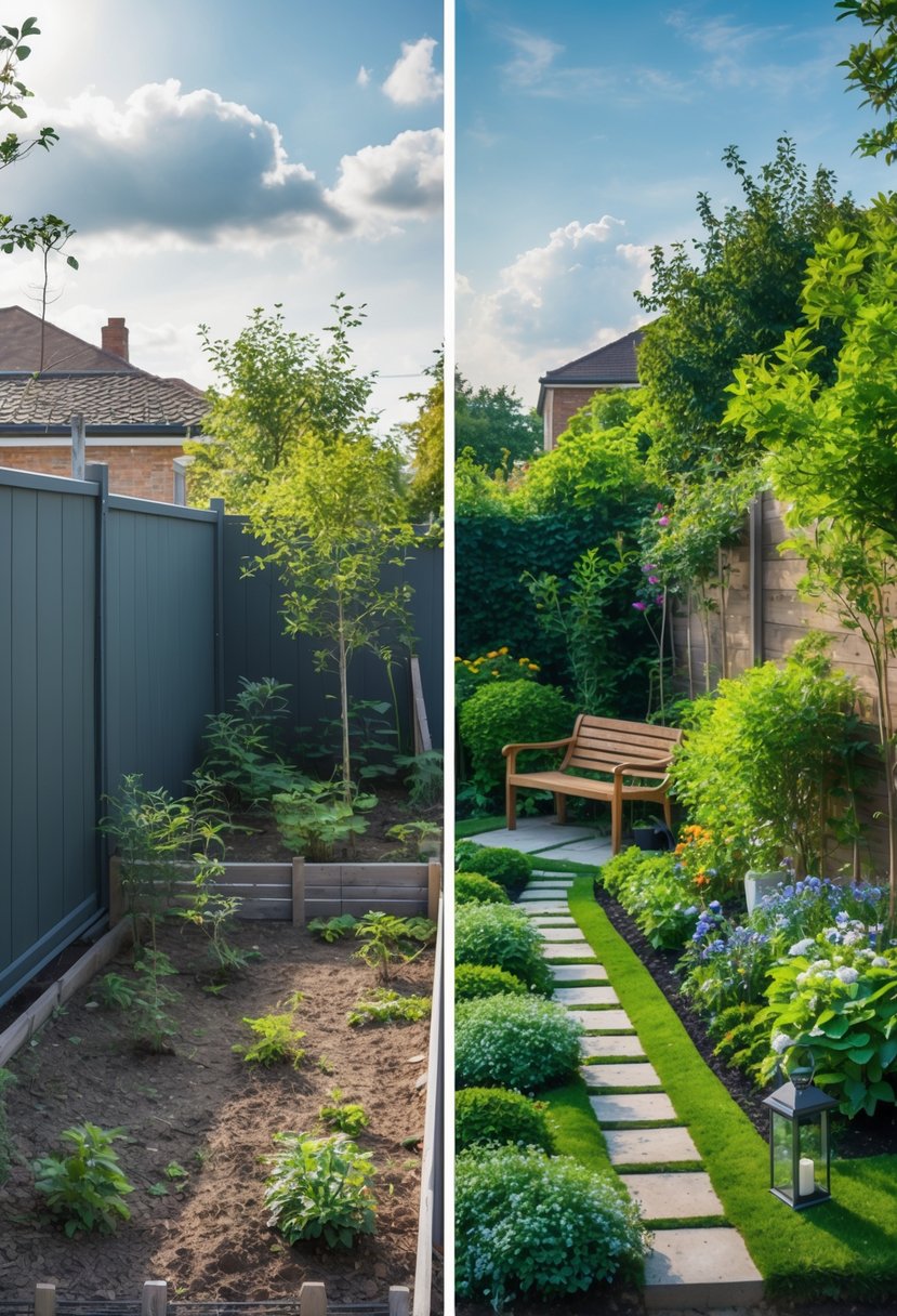 Tiny Garden to Green Oasis: Before & After Ideas for Transformation 7 Side-by-side view of a small, dry garden transformed into a lush green garden with flowers, plants, and a stone path.