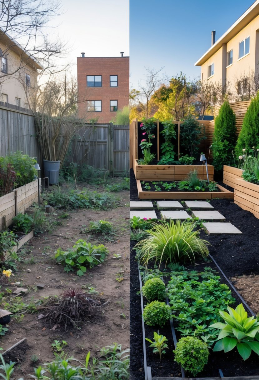 Small Urban Garden Before & After Transformation 2 Side-by-side view of a small urban garden before and after transformation, showing a neglected area turned into a vibrant, well-maintained garden with plants and flowers.