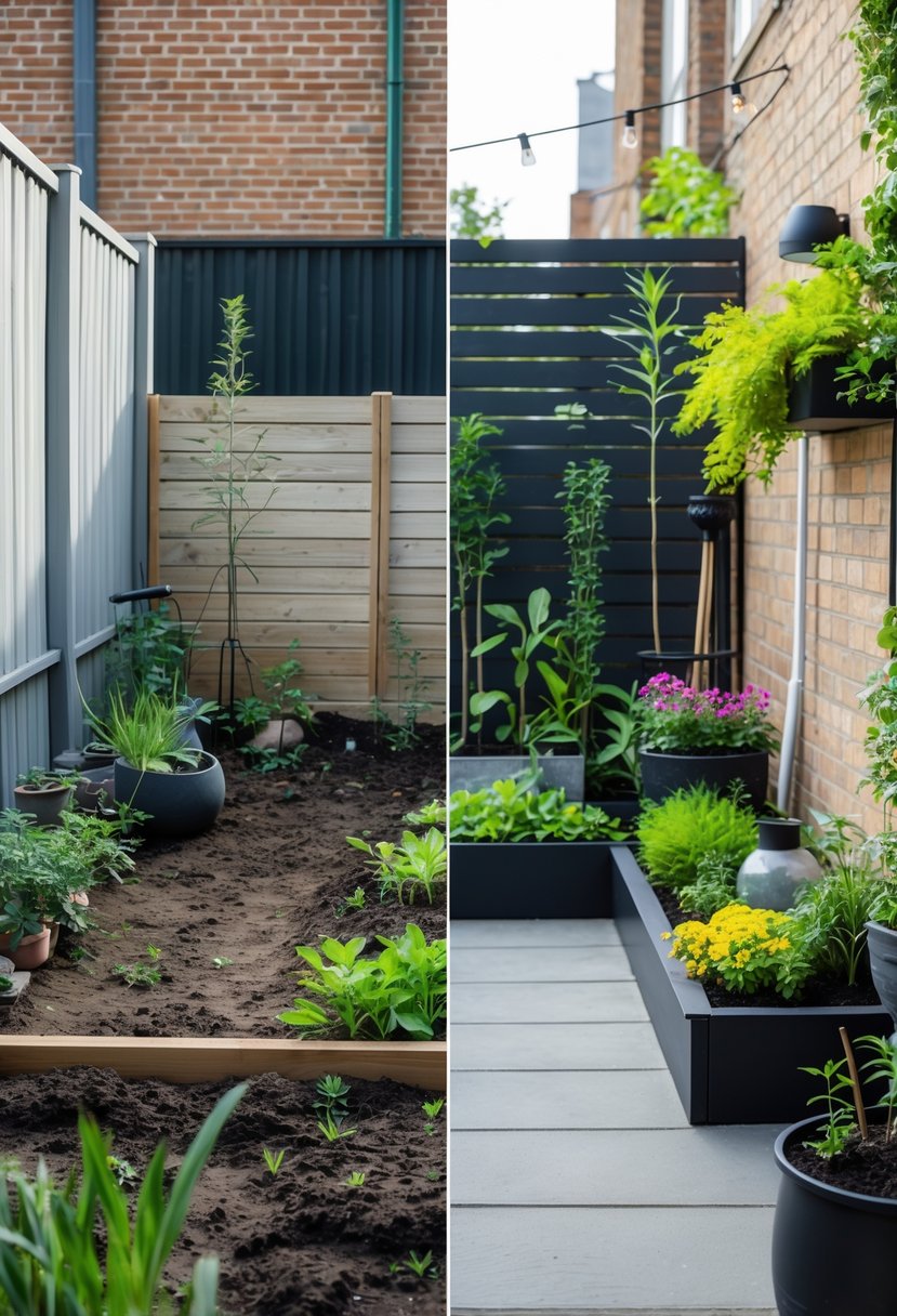 Small Urban Garden Before & After Transformation 3 Side-by-side view of a small urban outdoor space before and after being transformed into a vibrant garden with plants, flowers, and seating.