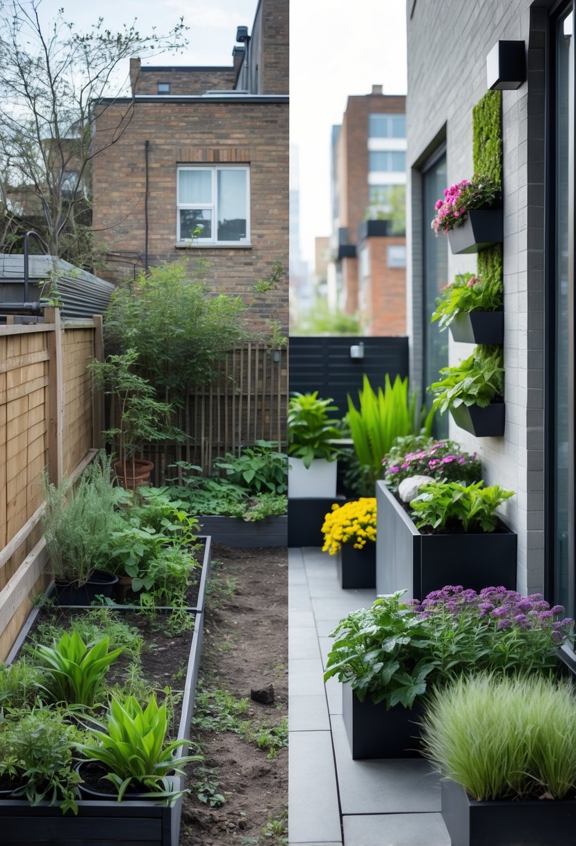 Small Urban Garden Before & After Transformation 4 Side by side view of a small urban garden before and after transformation, showing a cluttered, overgrown space on the left and a vibrant, well-organized garden with plants and seating on the right.