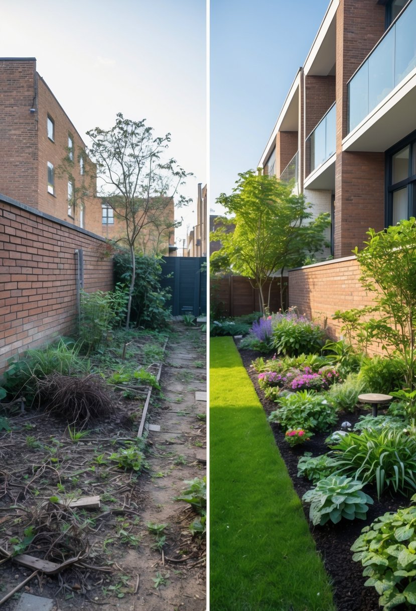 Small Urban Garden Before & After Transformation 5 Side-by-side view of a small urban garden before and after transformation, showing a neglected garden on the left and a vibrant, well-maintained garden on the right.